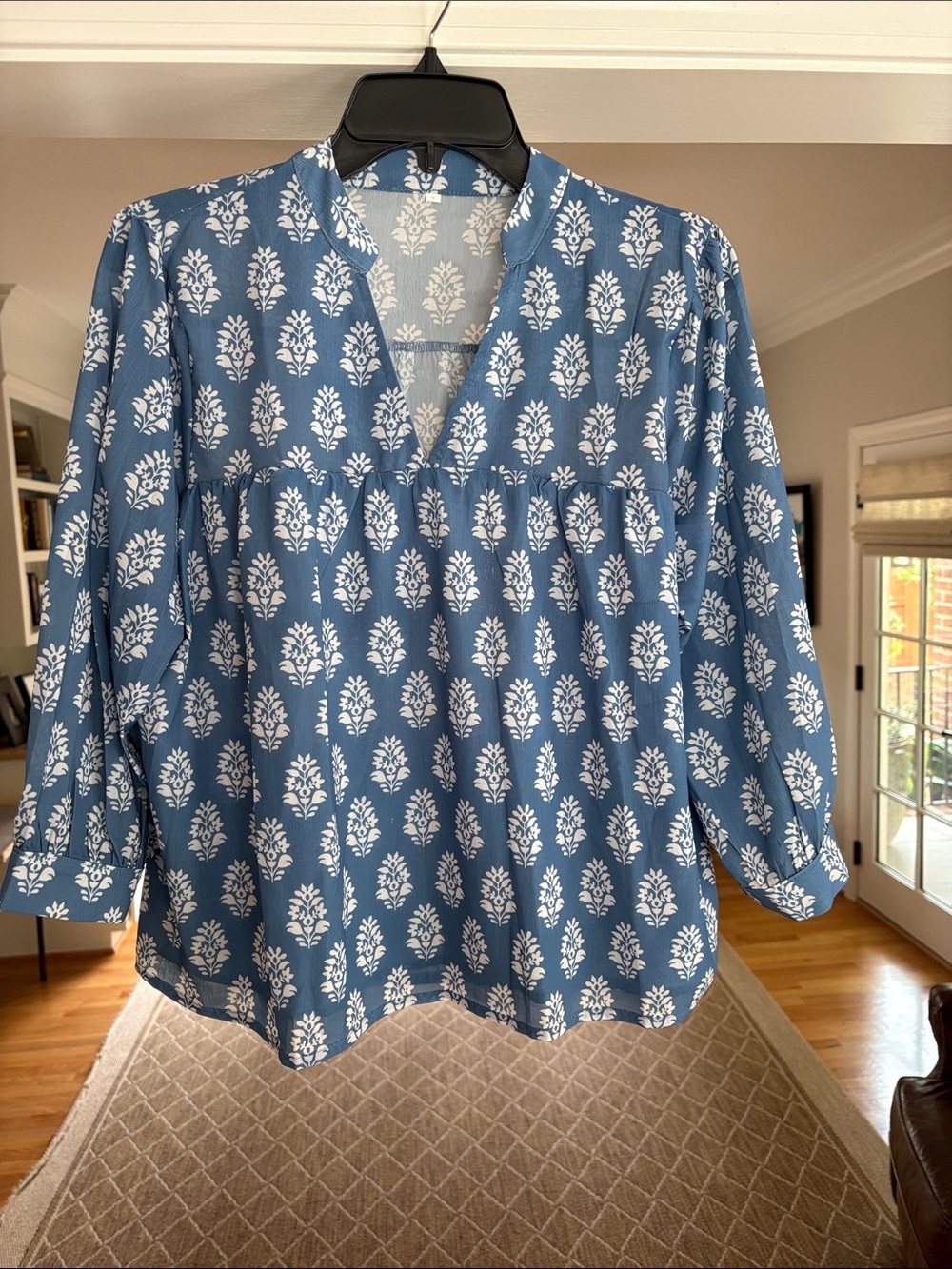 Blue Floral V-Neck Women's Top - Lightweight Long Sleeve